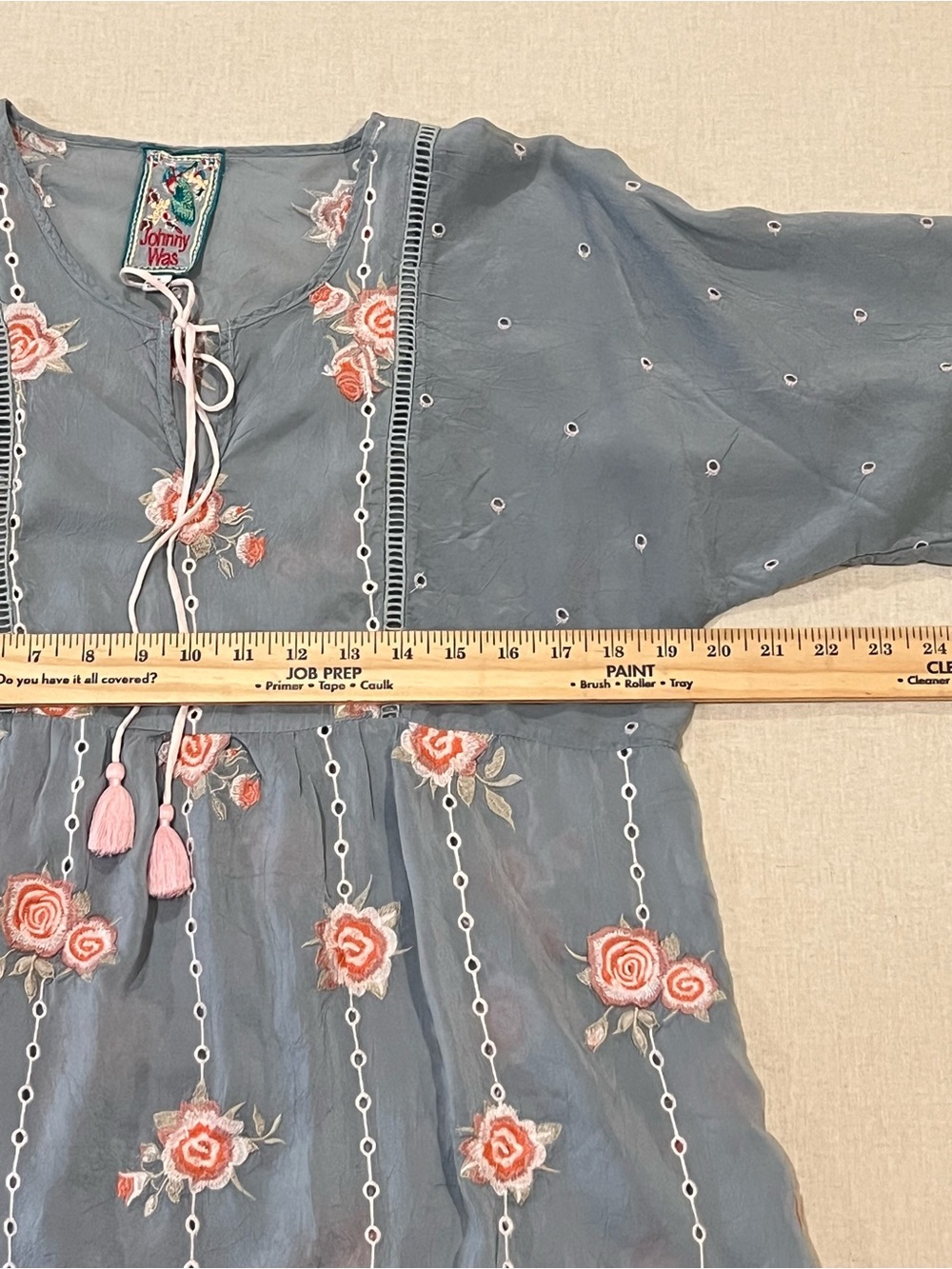 Johnny Was Embroidered Feminine Tunic Slate Blue Cupra Rayon Pink Floral Small - Picture 11 of 13